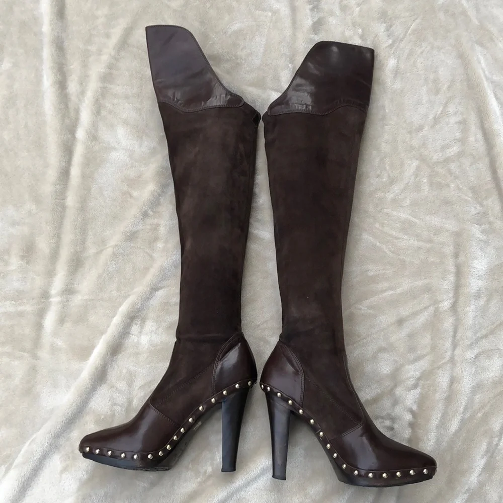 SERGIO ROSSI Chocolate Brown Suede/Leather Over the Knee Boot with Gold Studs